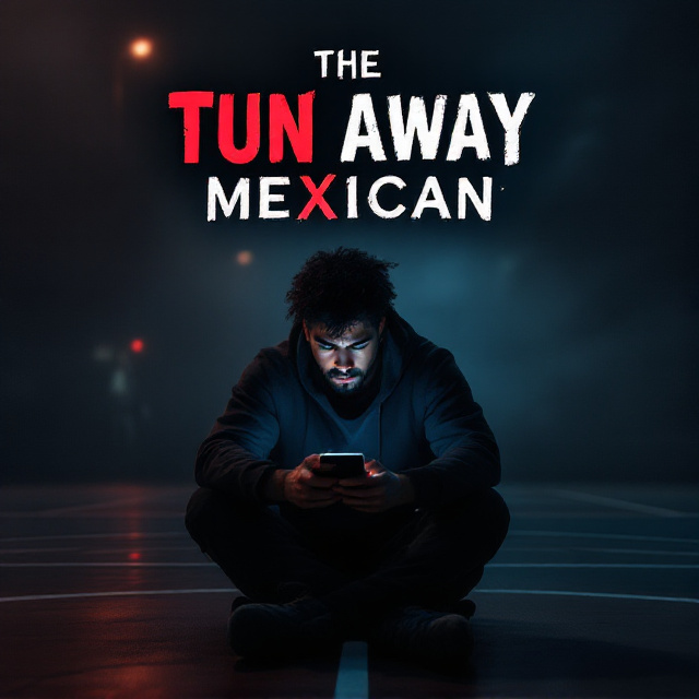 An intense, dark basketball court background, blurred slightly to emphasize movement. At the center, a Mexican guy wearing casual streetwear seated on the basketball court while staring intently at his phone. His body is illuminated by a dim, isolated light source, creating a stark contrast with the darkness surrounding him. The position and look on his face suggest confusion and shock. A subtle shadow of another figure looms behind him, suggesting tension and suspense.