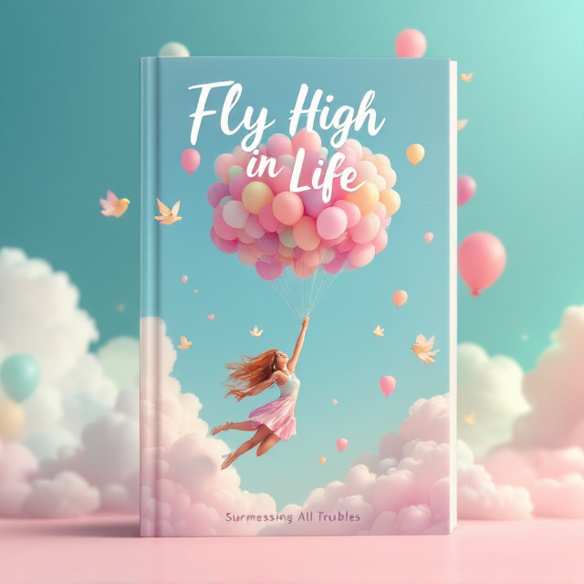 A joyful woman with bright, flowing hair soaring through the sky, surrounded by playful elements. Her vibrant outfit features pastel tones and a dreamy, whimsical design. Colorful balloons float around her, fluffy clouds create a serene atmosphere, and small birds accompany her, emphasizing freedom and positivity. The background fades into soft hues of pink, blue, and green for a dreamy, uplifting setting.