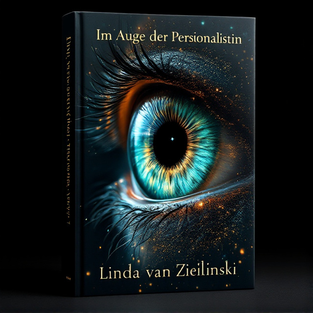 A stunning macro-shot of a human eye's iris dominates the cover, occupying the majority of the frame. The iris showcases a surreal, almost otherworldly quality, with intricate fractal patterns and textures that blend realism with the supernatural. It features a luminous, almost holographic sheen that reflects light in a variety of shades, predominantly deep greens and blacks with hints of gold and sapphire. The pupil in the center is jet black, surrounded by subtle glimmers that evoke a star-like effect, emphasizing mystery. The background fades into a deep, velvety black, seamlessly merging with the edges of the iris, enhancing focus on the eye. There's an ambient glow surrounding the iris that creates an enigmatic and fascinating visual.