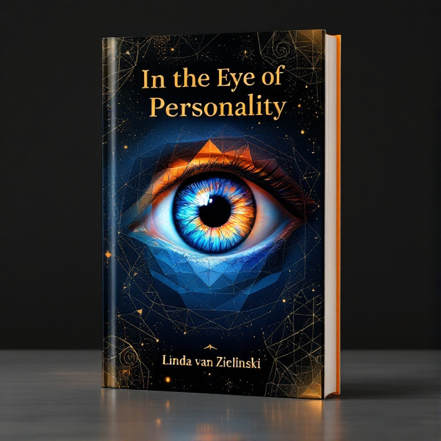 A close-up of a single multi-colored eye, with layers of geometric shapes and faint swirling patterns around it. The background fades from deep indigo to black, suggesting depth and mystery. Subtle golden accents interact with the swirling patterns, giving the cover an understated brilliance.