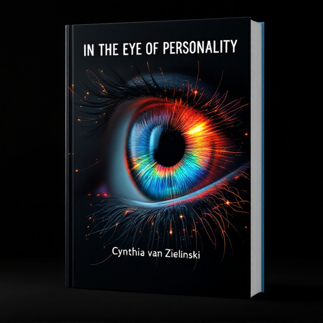 A close-up, highly detailed human iris serves as the central image, spanning most of the cover. The iris features intricate patterns in rainbow colors, radiating out from the pupil and transitioning seamlessly into dark black tones at the outer edges. Blurred edges encase the image to suggest mystery and depth. The background fades into complete black, offering an intense contrast. Subtle, thin streaks and curves overlay the iris to enhance the complexity and cutting-edge feel.