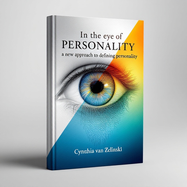 A single, large eye dominates the center of the cover, resembling both a human eye and an abstract lens to symbolize introspection and analysis. The iris contains intricate patterns, almost like fingerprints, representing individuality and unique personality. The background is divided diagonally one half uses sleek metallic shades (e.g., silver, steel gray) and the other features vibrant, gradient hues like teal and fiery orange to evoke a balance between science and creativity.