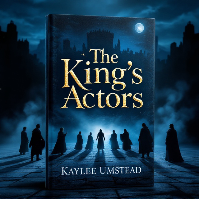 A dramatic scene of an ancient royal stage set against a twilight sky. The foreground includes silhouettes of actors in medieval costumes, casting long shadows over the blue-hued ground. Smoke or fog swirls around the stage, blending into the shadows, and in the background, a looming castle appears faint under dim moonlight. The edges of the cover fade into a vignette effect, enhancing mystery.