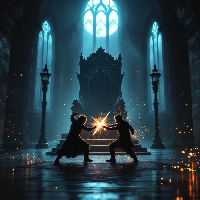 The backdrop of the cover features a shadowy throne room with high, arched windows letting in shafts of eerie moonlight. The dominant visual is the silhouette of two siblings locked in combat at the center of the room. Their weapons clash, sending sparks flying, with the faint image of the throne looming large in the background, almost blending into the shadows. The siblings are depicted as fierce combatants, with their forms slightly highlighted to contrast against the dark, brooding atmosphere. Subtle details, such as reflections of their movements on the polished floor and faint markings on the throne hinting at a forgotten legacy, enhance the intrigue and adventure theme.