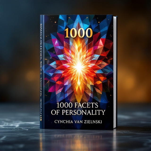 A mesmerizing interplay of prism-like facets, each drenched in vibrant, kaleidoscopic colors, fills the cover. These facets are seamlessly interconnected, forming a complex yet harmonious geometric mosaic that symbolizes the diversity and interconnectedness of personality traits. In the center of the cover, a glowing crystalline element grabs the eye, creating a focal point of beauty and sophistication. The background fades from deep, rich indigo to radiant gold, implying depth, richness, and luxury.