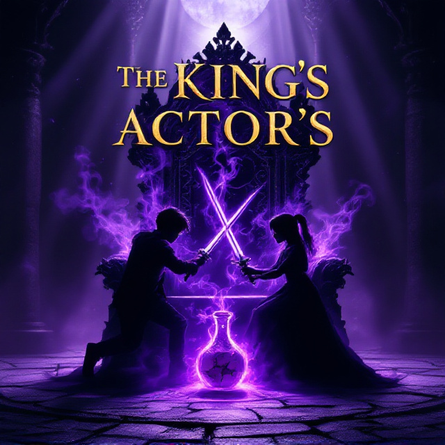 A shadowy throne room illuminated only by streams of moonlight that cast long, ominous shadows. In the foreground, a boy and a girl locked in a tense, sword-filled battle silhouette. Purple vapor swirls ominously around them, originating from a cracked vial on the throne itself, giving a sinister sense of poison infiltrating the air. The silhouettes are stylized, with sharp edges creating a vivid sense of motion and conflict. The throne itself looms in the background, accentuated with dark, ornate carvings.