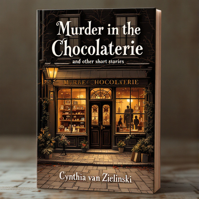A hand-drawn illustration of a charming 19th-century-style chocolaterie viewed from the outside, with large glass windows showcasing faint reflections of chocolates and confectionery boxes on display. A dim, golden vintage streetlight casts a warm glow, and cobblestone streets add texture around the storefront. Above the shop, faint silhouettes of mysterious figures in the shadows lean into the intrigue.