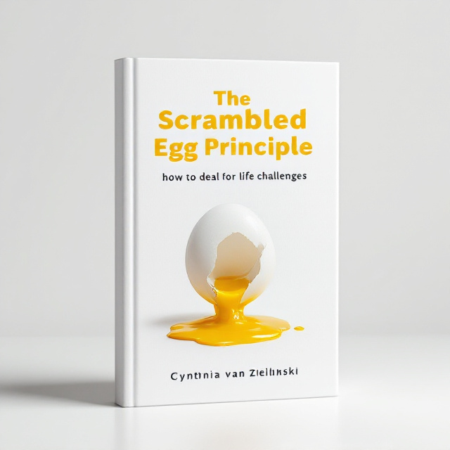 A single, large, cracked egg set centrally against a stark white background. The egg is tilted slightly to give a sense of unease, with rich, dripping yolk spilling onto the surface below. Minimalistic wavy outlines encircle the egg, symbolizing change and adaptability.