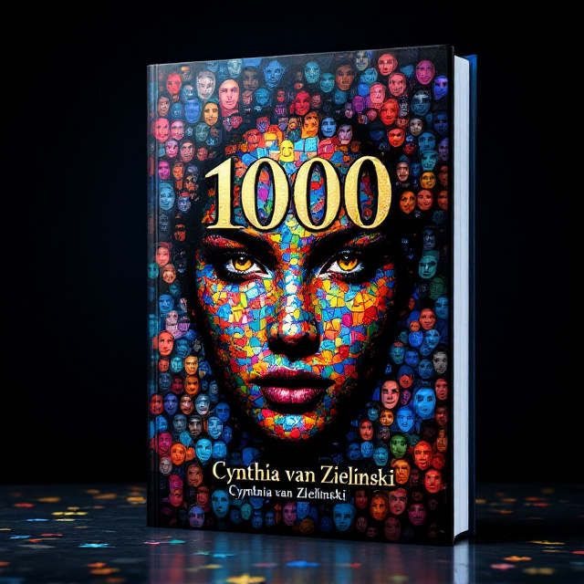 A vibrant mosaic of 1000 human faces in varying expressions, arranged like colorful puzzle pieces to form a central kaleidoscope pattern. The intricate faces feature diverse colors and textures to reflect the beauty and complexity of human personality. The background fades from deep royal blue to dramatic black, emphasizing elegance and an expensive aesthetic.