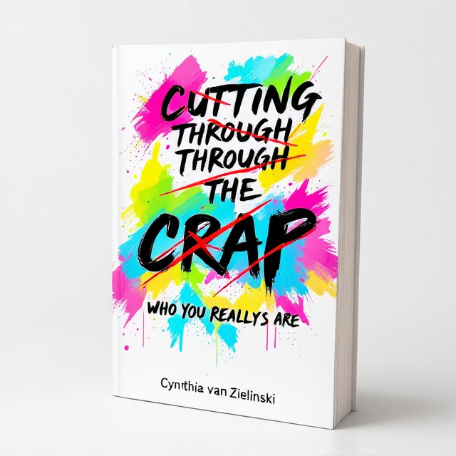 The cover features a white background, symbolizing clarity and simplicity. The center of the design is adorned with colorful textmarker-style brush elements, painted chaotically across the cover, overlapping each other in vivid shades of neon pink, yellow, lime green, and sky blue. These brush strokes form a backdrop to a series of large, bold adjectives such as "Ambitious," "Friendly," and "Easy-going," displayed prominently in black font and aggressively crossed out with slashes in vibrant red ink. Beneath the chaotic crossed adjectives, the title “Cutting through the Crap - Who You REALLY Are” is written in a minimalist sans serif font, positioned in the lower third of the cover. Partially integrated into the brushwork is Cynthia van Zielinski's name, in smaller cursive font, tucked gently into the chaos toward the bottom right corner.