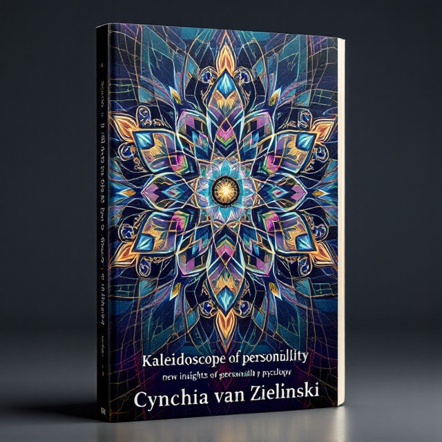 A vibrant kaleidoscopic pattern spans the entire cover, created using interlocking geometric shapes. Each shape is filled with different colors and subtle textures representing the multifaceted nature of personality. At the center, a circular focal point consolidates the intricate patterns into harmony, symbolizing the unity within complexity. The color palette includes shades of blue, green, purple, and gold, emphasizing intrigue and intellectual depth.