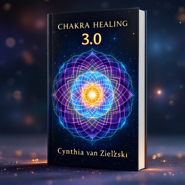 A large, glowing, multi-layered chakra mandala is centered on the cover. Its rich, vibrant colors radiate from the middle outward, with gradients seamlessly transitioning between indigo, violet, and gold. A starry, deep-space-like background creates a sense of infinity, with subtle constellations and auroras weaving through the edges. A faint, geometric grid overlay on the mandala evokes a modern, cutting-edge feel while retaining a mystical quality.