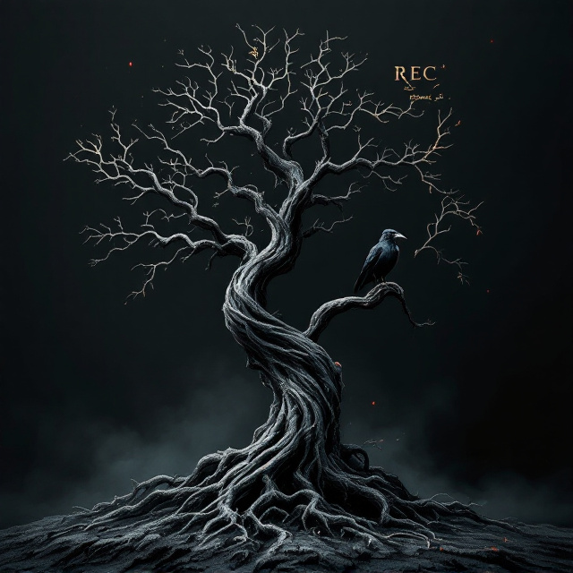 A twisted, eerie tree standing tall on the black backdrop. The branches form intricate, haunting shadows, resembling symbols. A raven perches on one of the crooked branches, looking directly toward the viewer. The overall appearance suggests mystery and a supernatural essence, with faint mist swirling around the tree base to add depth and realism. The REC symbol appears faintly in the top-right corner, blended subtly with glitch-like effects and red accents.