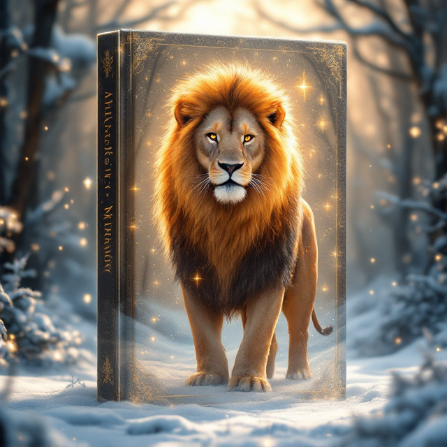 A majestic lion standing on a snowy landscape surrounded by magical, glistening trees, with a golden glow emanating from the lion’s mane. A faint silhouette of the Witch's castle in the background and frosty mist encircling the edges of the cover.