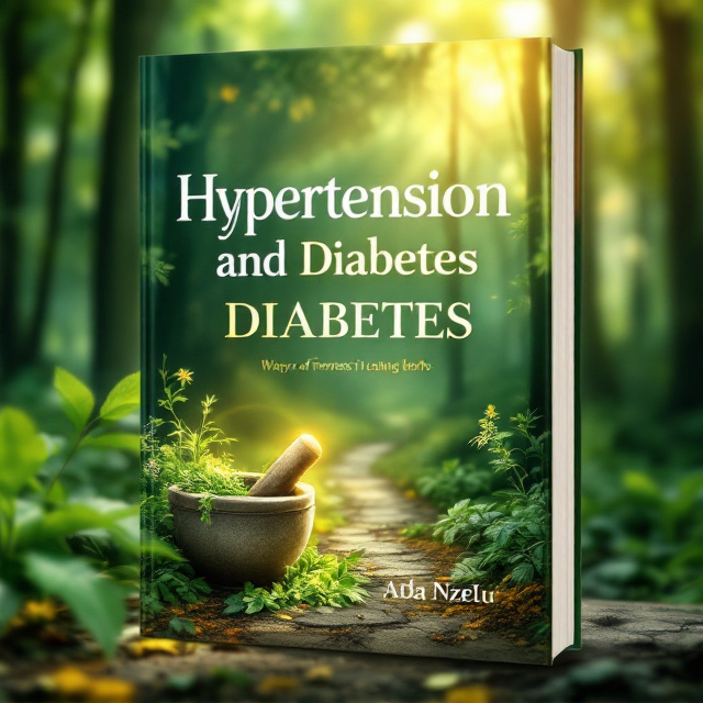 The cover features a serene, green forest scene with sunlight softly filtering through the trees. In the foreground, there’s an artistic rendering of herbs in a mortar and pestle surrounded by a glowing halo. A small pathway leads deeper into the forest, symbolizing a journey toward health and recovery. The color palette emphasizes various shades of green, with a touch of gold and white for accents, evoking a sense of life, healing, and hope.