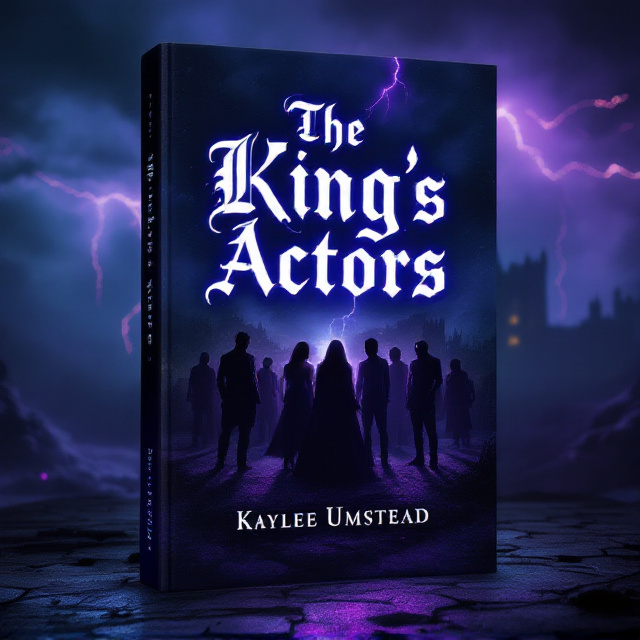 A dark, stormy sky dominates the background, with vibrant streaks of lightning in varying shades of purple piercing through the clouds. In the foreground stands a group of shadowy characters in dramatic poses, suggesting members of "The King's Actors," their faces partially obscured or adorned with theatrical masks. Subtle wisps of green and purple poison swirl around their feet, hinting at danger. An ancient castle looms in the background, barely visible through the haze, adding a medieval, eerie feel.