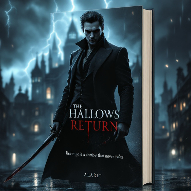 In the foreground, Alaric stands tall, commanding attention with a sleek, modern suit darkened by shadows. His piercing gaze reveals vengeance brewing beneath his stoic expression. His obsidian-hilted sword, dimly glistening and dripping blood, is held confidently at an angle. Rain-soaked mist swirls around him, emphasizing his untouchable, ghostly aura. The background is a stormy night in a half-drowned cityscape—a massive, brooding mansion faintly lit in the distance. Faint silhouettes of lightning illuminate patches of the sky, enhancing the suspense.
