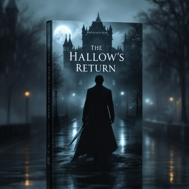 The cover depicts a dark, rain-soaked cityscape stretching into the distance, the streets glistening faintly with reflected light from muted street lamps. In the background, a mansion looms ominously, partially shrouded in swirling mist, with intricate gothic architecture adding a haunting allure. Alaric dominates the foreground, his dark suit blending into the shadows, holding an obsidian-hilted blade glistening with faint rain droplets. Léandre stands behind him, slightly to the right, his pristine white suit glowing faintly against the darkness, lending an ethereal quality to his presence. Lucien lingers further back to the left, partially veiled by shadows and mist, suggesting a lurking menace. The swirling mist and subdued color tones fully immerse the scene in darkness and suspense.