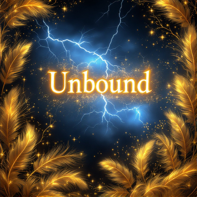 Gold feathers swirling in wisps of wind occupy the bottom and top portions of the cover, blending into dramatic bursts of electric blue lightning in the background. The lightning forks weave into the dark, stormy sky, creating a striking visual contrast with the vibrant golden tones. The title "Unbound" glows softly in the center with a magical aura-like effect, enveloped by faint ethereal sparkles. The cover emphasizes motion and energy, with dynamic elements like wind currents tangibly sweeping across the scene.
