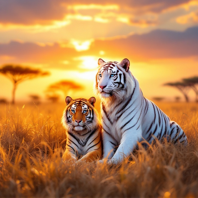 A serene savanna landscape with golden grass stretching out under a glowing sunset sky painted in shades of orange and purple. At the center of the image, the white feminine tiger sits regally, highlighted and surrounded by soft rays of golden light, showcasing her elegant blue eyes that seem to pierce through the viewer. Beside her, a striking orange and black striped male tiger sits calmly, positioned slightly lower to emphasize her majesty while maintaining balance. Sparse silhouettes of acacia trees dot the horizon, adding a sense of depth.