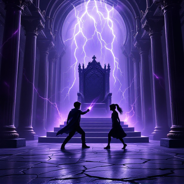 A vivid throne room bathed in shades of deep purple, with swirling lightning streaks illuminating the vast space. The silhouette of a boy and a girl in the center, mid-battle, exuding dynamic energy and tension, their outlines faintly glowing in the dim room. Above them, a large throne looms ominously surrounded by wisps of purple poison fumes creeping through the air. The backdrop includes cracked marble flooring and columns, adding to the sense of impending doom and chaos.