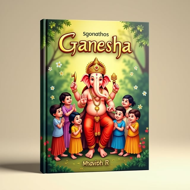 A vibrant and realistic depiction of Lord Ganesha is set in the center of the cover, radiating divine energy. He is surrounded by a group of children dressed in simple yet colorful traditional clothes. The children's faces reflect joy, innocence, and gratitude as they interact with the benevolent deity. Lord Ganesha is shown smiling warmly and blessing the children with one of his hands, while the other hand holds his traditional items like the axe and goad. The setting is serene, with soft lighting and lush greenery in the background. A subtle golden halo is added around Ganesha’s head to emphasize divinity, and the background includes Indian motifs and subtle patterns suggesting Hindu spiritual themes.