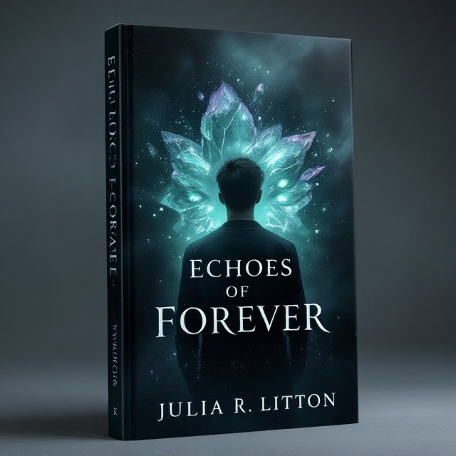 The cover features a dark, moody background reminiscent of an otherworldly night sky, faintly textured with swirling mist and shadows. Central to the composition is the barely distinguishable silhouette of a young man, his back turned slightly toward the viewer. Behind him, a pair of glowing, captivating mint green eyes hover, fixated directly upon him, each glowing softly yet strikingly against the darkness. Around him, shards of ivory bone and glistening quartz crystals with subtle veins of purple scatter outwards in an ethereal, almost explosive pattern, framing the silhouette and the eyes with an otherworldly glow.