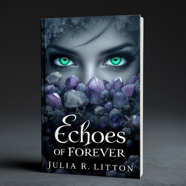 Bright mint green eyes dominate the upper third of the cover, framed by thick, dark lashes that create an air of intensity and mystery. Surrounding the eyes are scattered bones and quartz crystals with pronounced veins of purple, blending realism with an ethereal feel. The background fades into a muted, smoky gray to enhance the focus on the green eyes and crystals, invoking a sense of loneliness and longing. Subtle texture effects give the design a weathered, historical look.