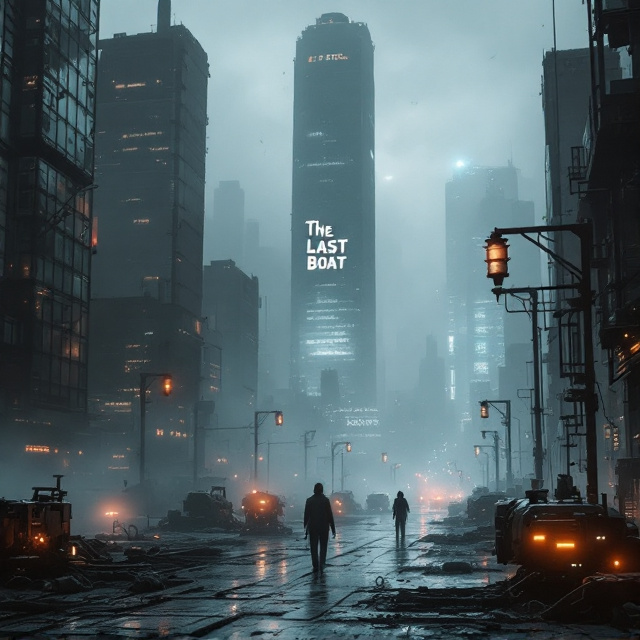 A stark, dystopian cityscape dominated by towering glass skyscrapers, their surfaces covered in grime and dust. The foreground features the streets littered with rusted machinery emitting faint glows and whirring sounds. A heavy fog encases the scene, creating a sense of isolation and sadness. The palette uses muted shades of gray, blue, and sepia, with faint accents of glowing orange from the rusty machinery.