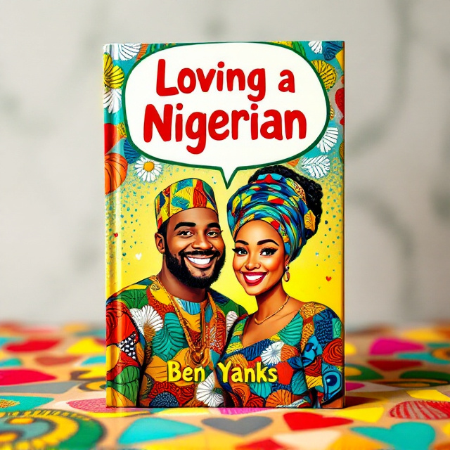 A bright, vibrant cover featuring a comedic caricature-style illustration of a smiling couple in traditional Nigerian attire. The man is wearing a colorful agbada with a playful grin, while the woman is adorned in a bold, modern gele and holding a speech bubble above her head with a humorous and loving quip. The background is a pattern of Nigerian fabrics (Ankara) in fun, mismatched patterns with hearts subtly woven into the texture.