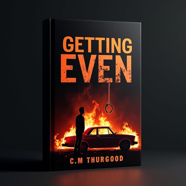 A night scene with a burning car as the focal point, the flames casting an eerie glow. The silhouette of a teenage boy stands off to the side, partially illuminated by the fire, adding an air of mystery and confrontation. The handcuffs hang visibly from his fingers, catching the fire’s reflection, symbolizing impending justice or revenge. The background fades into a gradient of black and dark red, with embers floating subtly across the cover to emphasize the destructive theme.