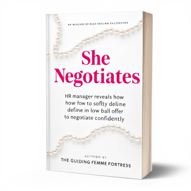 A sleek white background dominates the cover, symbolizing clarity and professionalism. Hot pink typography takes center focus. A string of pearls is intertwined around the title text, representing elegance and empowerment. To enhance the feeling of negotiation and growth, a subtle faint dollar bill watermark is incorporated in the background, tying in the themes of salary and negotiation.