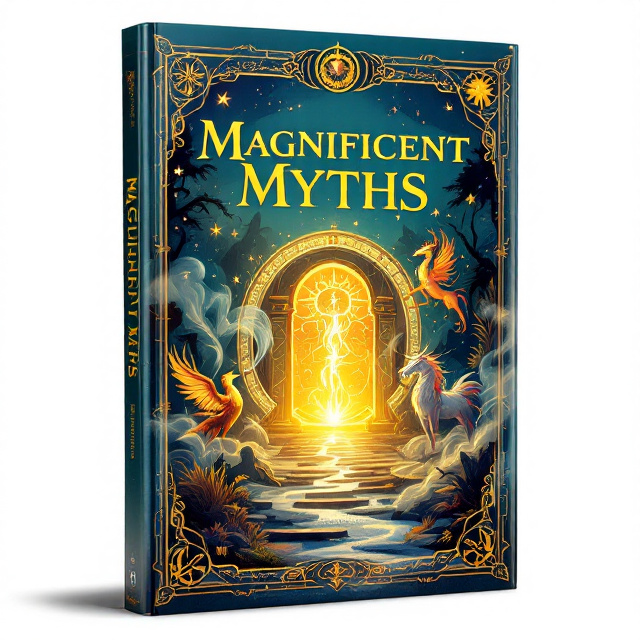 A dynamic illustration of a glowing mythological gateway surrounded by swirling magical mist, with mythological creatures such as a phoenix, dragon, and unicorn emerging from the portal. The background transitions from deep shades of blue to golden tones, suggesting a magical realm. Intricate patterns and symbols from various mythologies decorate the edges of the cover, adding depth and intrigue.