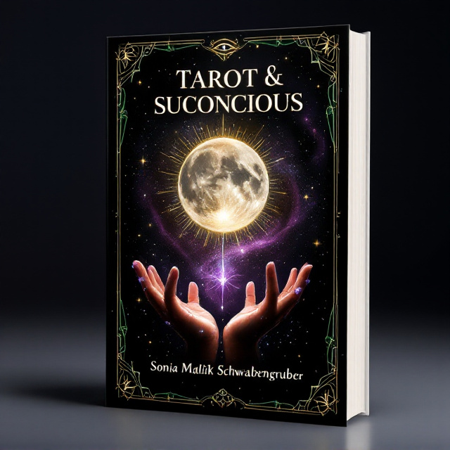 A pair of mystical hands emerges from the lower corners of the cover, with shimmering accents of crystals running along their fingers. In the center—a glowing moon and sun, interconnected, float delicately against the backdrop of a dark galaxy-like swirl of purple and black. Above, a faint but dynamic third eye symbol radiates golden light, creating an aura of intrigue and mysticism. The green accents around the visuals subtly highlight the edges, blending seamlessly with bursts of white stars across the background.