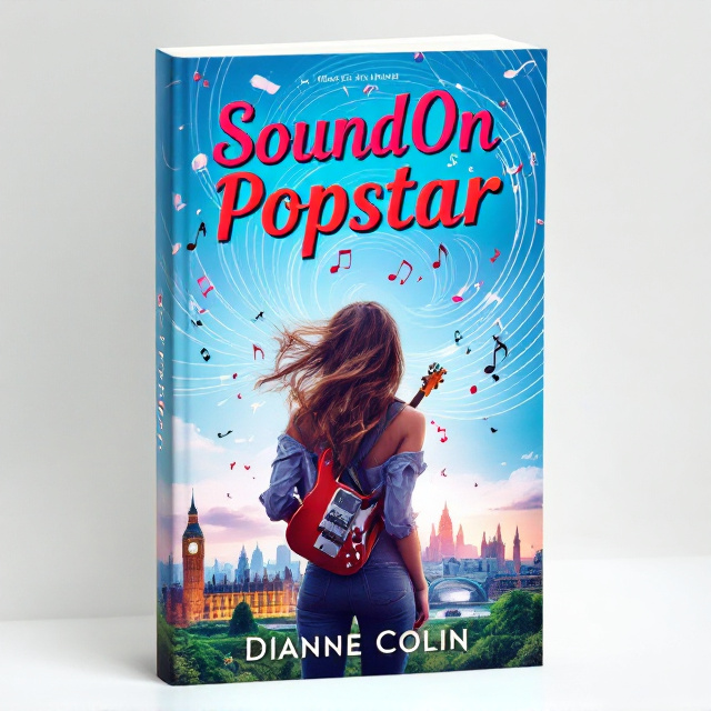 A young woman standing with her back to the viewer, holding a red electric guitar over her shoulder. Behind her, set against a vibrant blue sky, are iconic London landmarks like the Big Ben and a distant green countryside symbolizing Ireland. Musical notes and strings swirl upward from her guitar, blending seamlessly with the sky. Her hair is windswept, adding a sense of motion and confidence, and she is flanked by subtle silhouettes of her friends laughing and cheering her on.