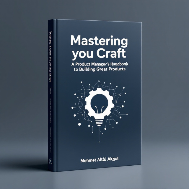 A sleek and minimalistic cover featuring a gradient background transitioning from a deep navy blue at the top to a sharp silver-gray at the bottom. At the center, a silhouette of a gear partially combined with a light bulb, symbolizing innovation and problem-solving, enclosed within interconnected nodes depicting product management systems.
