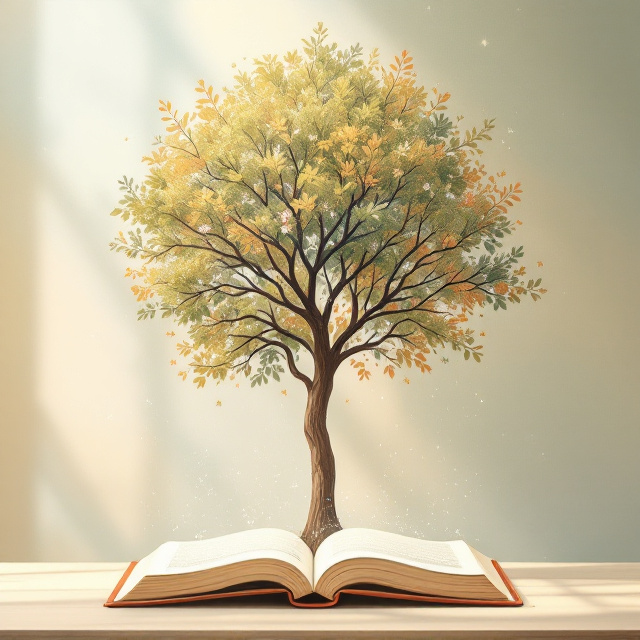 A serene illustration of a tree standing tall, with its leaves transitioning through the four seasons (blooming flowers for spring, green leaves for summer, warm tones with falling leaves for autumn, and delicate frost for winter). The scene is layered with soft sunlight radiating through, and an open book floating beneath, symbolizing the Quran. The background is a blend of soft pastel hues, transitioning smoothly from top to bottom, representing the changing seasons.