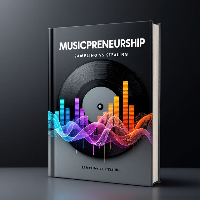 An abstract vinyl record partially overlaid with flowing, colorful sound waves in the shape of a financial bar graph. The background fades from a deep matte black at the top to a soft gradient gray at the bottom, giving it a modern yet professional feel. The soundwaves carry a mix of vibrant colors (blues, purples, oranges), symbolizing creativity in music and business innovation.