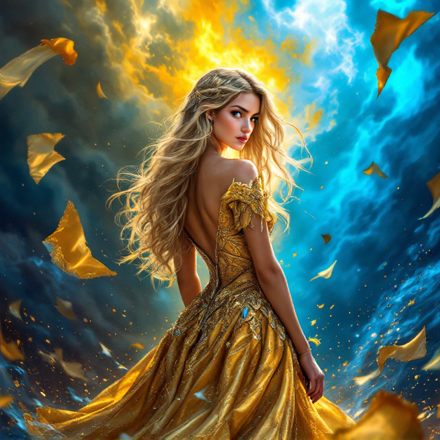 A fierce young princess with long blonde hair wearing a stunning gold dress stands positioned in the foreground. Her back is partially turned, showing the blade of the enemy's sword striking near her shoulder. A weakened prince is seated behind her, visibly injured and leaning against her, holding her arm for support. The vivid backgrounds transition from a dark storm brewing on one side to hues of royal blue on the other, representing bravery amidst adversity. Flying banners torn from the enemy's forces add to the visual drama.