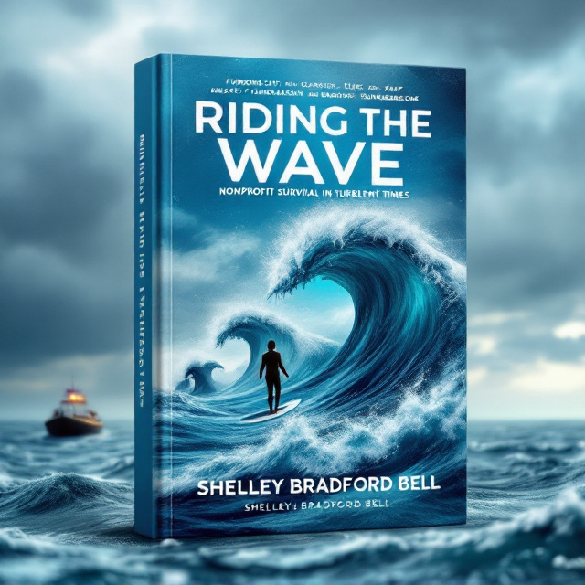A dramatic ocean scene dominates the cover, with turbulent, cresting waves shaped like a profit and loss graph in shades of blue and white. A lone figure stands precariously on a surfboard in the center, surrounded by looming shark fins that bear aggressive, jagged typography resembling the words "Funding Cuts," "Income Loss," "Grants," "Staff," "Fundraising," and "Board of Directors." In the distant background, a lifeboat labeled "Board Members" floats just outside the danger zone, appearing small but offering refuge. The sky above transitions from lighter blue to ominous storm-gray clouds.