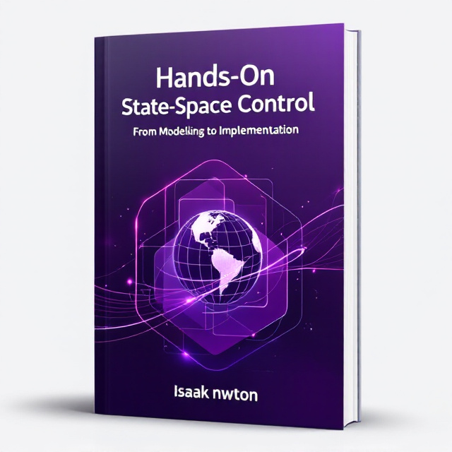 A dynamic, abstract design with overlapping geometrical shapes representing the interconnected theories and applications of state-space control in purple hues. Combine a globe-like icon enclosed by a grid pattern symbolizing real-world systems, and a glowing line trajectory motif cutting through the shapes conveying system dynamics. Subtle accents of metallic silver highlight key aspects. Purple gradients dominate the background, enhancing visual depth and invoking trust and curiosity.