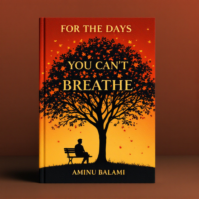 A lone silhouette of a person sitting on a bench under a large tree, its warm orange and red leaves blowing away in the wind. The background transitions from deep red at the top to a soft, muted yellow at the bottom to represent love, heartbreak, and healing. A sense of calm is evoked by the serene setting, while the gradual fading of colors symbolizes transformation and progress.
