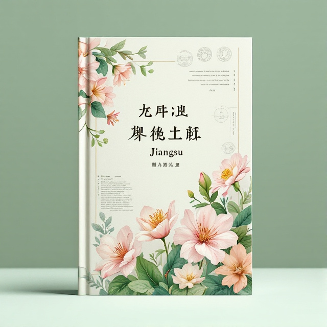 A botanical illustration featuring a cluster of carefully rendered flowers native to Jiangsu, surrounded by soft greenery in watercolor style, framed with subtle scientific diagrams behind the foreground illustrations. The background fades into a light green gradient, creating serenity.