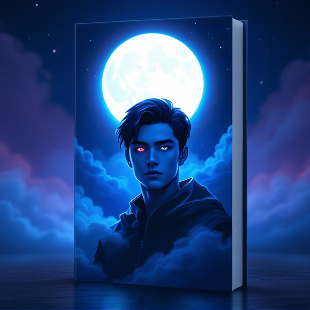 The cover features a full-figure illustration of the main character, positioned centrally with a stylized artistic flair. His middle-parted hairstyle and striking dual-colored eyes are a focal point. The right side of the background has a gradient glowing light blue hue, while the left side transitions into an ethereal purple. The glowing full moon is prominently featured above his head, radiating a soft illumination across the design. Gentle, flowing clouds cascade around the character, creating an otherworldly effect.
