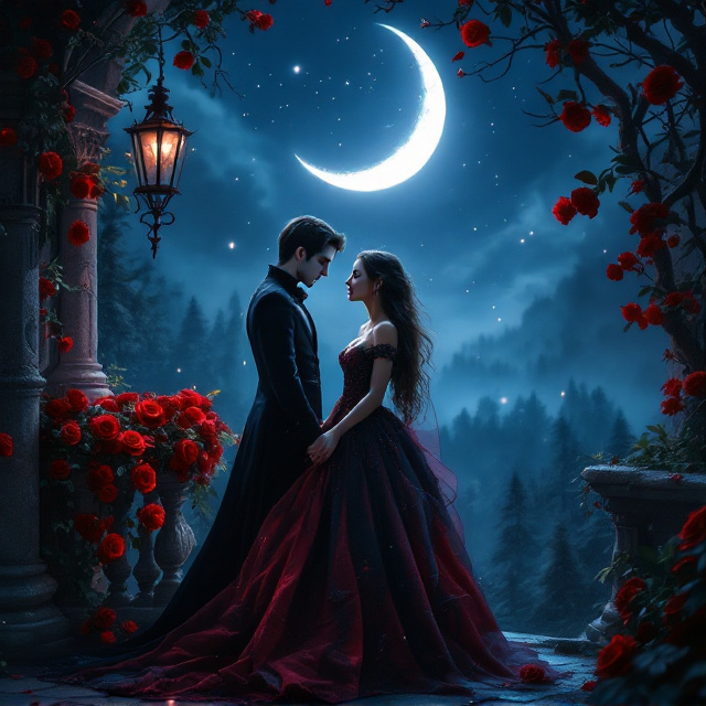 A striking romantic scene set against a mystical twilight backdrop. A 17-year-old girl and a 17-year-old vampire are dressed in elaborate ball attire. They are standing near a Gothic-style stone balcony covered with red roses, their hands softly touching. Above them, a luminous crescent moon glows with scattered faint stars, casting a supernatural silver-blue light across the forested edge near their setting. The boy's subtle fangs and the girl's flowing hair accentuate their supernatural allure, while around them, faint magical particles swirl in the air.