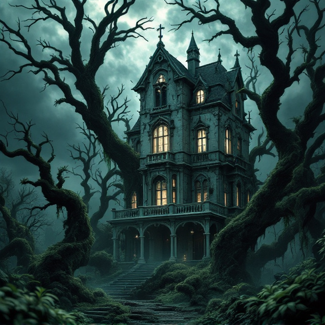A towering, two-story gothic-style house looms in the center of the cover, surrounded entirely by ancient, haunting trees dripping with thick green moss. The house has a cracked façade and faint, ethereal lights glowing from the windows. A dark stormy sky fills the background, with ominous, swirling clouds that gradually give way to soft beams of radiant light breaking through from above, symbolizing the coming of a new era. The foreground features creeping shadows along the base of the trees, adding to the contrast of dark and light.