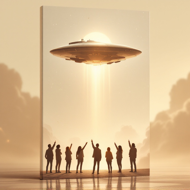 A cream-colored sky with hints of golden gradients creates a dreamy atmosphere. A futuristic spaceship, sleek and glowing with metallic shades, hovers prominently in the upper third of the cover. Below, silhouettes of diverse people, standing in awe, point upward toward the spaceship. Their forms are shadowed, with faint reflections on the ground. Subtle constellations and stars scattered across the cream backdrop evoke the outer space theme. Gentle lighting emphasizes motion and drama in the scene.