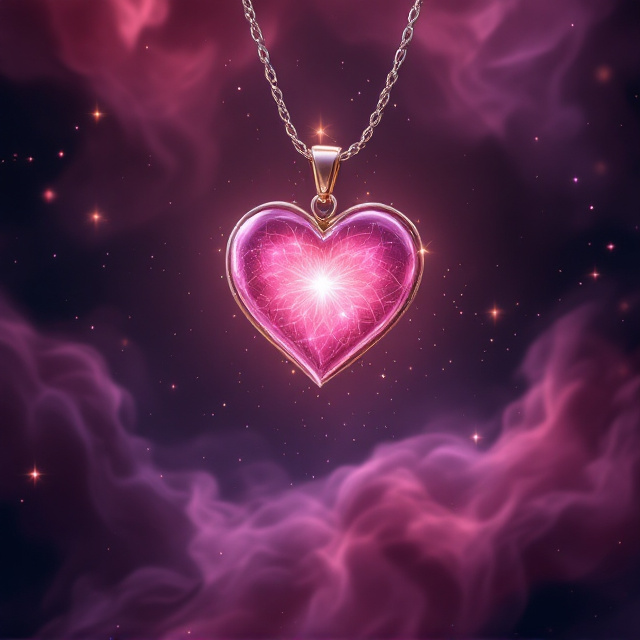 A heart-shaped, rose-colored pendant glows softly in the center of the cover, floating in midair. Its silver chain elegantly loops behind it, disappearing into the swirling mist of deep rose pink and purple. Smoky tendrils flow outward like whispers, blending into a dark, star-speckled background. A faint golden portal shimmers subtly behind the necklace, barely visible, hinting at a secret gateway to another world. Tiny spark-like fragments dance around the pendant, enhancing its magical aura.