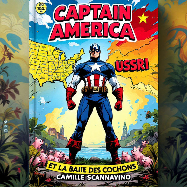 Captain America stands boldly in the center of the cover, fully donned in his iconic blue, red, and white costume. Surrounding him are dynamic comic-style illustrations of two distinctively designed maps the map of the USA on the left and the map of the USSR on the right, drawn in vibrant colors to emphasize their contrast. At the bottom of the cover, the Bay of Pigs is depicted with a lush natural background teeming with small animated pigs in shades of pink, adding a unique touch of light humor.