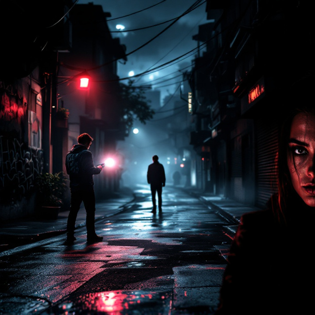 A dimly lit urban scene of Belo Horizonte set at night, focusing on the Lagoinha neighborhood and Taquaril's winding streets. The backdrop features wet asphalt reflecting faint streetlights, creating a misty and tense atmosphere. Shadows of dense city buildings loom over the scene. In the foreground, Anaya appears in partial darkness on the right side of the cover, her piercing gaze partially hidden in shadow. On the left, Lucas is depicted holding a flashlight, illuminating part of the scene, while a crimson hint from an emergency light brings an ominous tone to the cover. Subtle graffiti lines the background walls, with wires overhead adding complexity to the visual.
